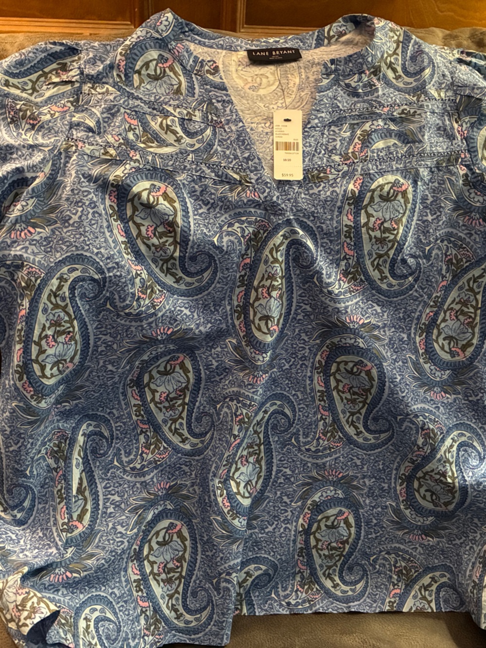 Lane Bryant Blue Paisley Short Sleeve Top with Pink Accents
